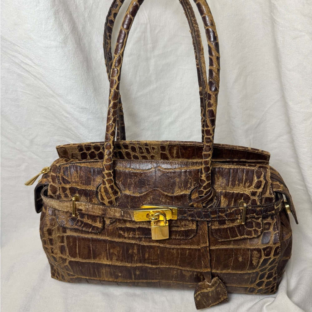 Brown Croc-Embossed Leather Satchel Bag with Gold Hardware